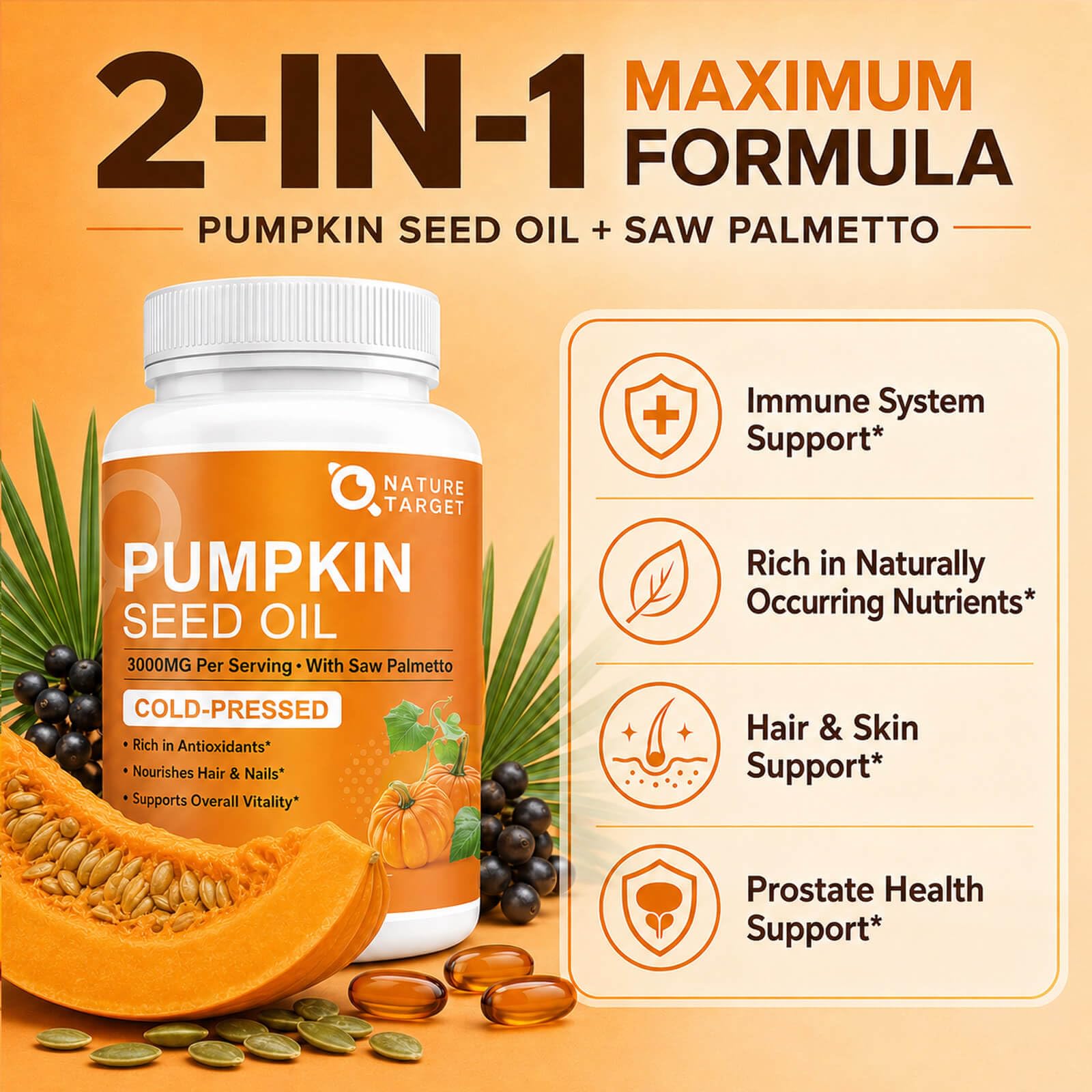 NATURE TARGET Pumpkin Seed Oil, with Saw Palmetto, 3000mg, 120 Softgels — Amazon image 2