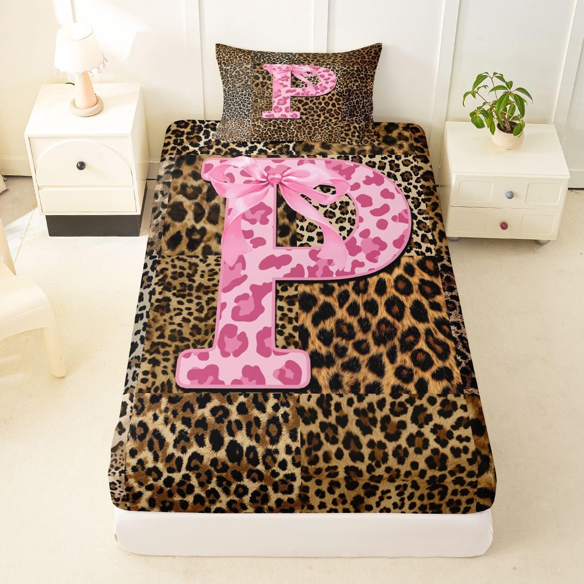 Erosebridal Initial Letter P Fitted Sheet Twin African Leopard Bowknot Bed Sheets for Kids Girls Brown Patchwork Cheetah Bedding Set Safari Fashion Bow Bed Cover 2 Pcs