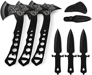 Throwing Axe Knife Set 10 inch Full Tang Stainless Steel Throwing Axe and 7 inch Well-Balanced Throwing Knife for Recreation Competition Throwing Products 6 Pack with Nylon Sheath (Black)