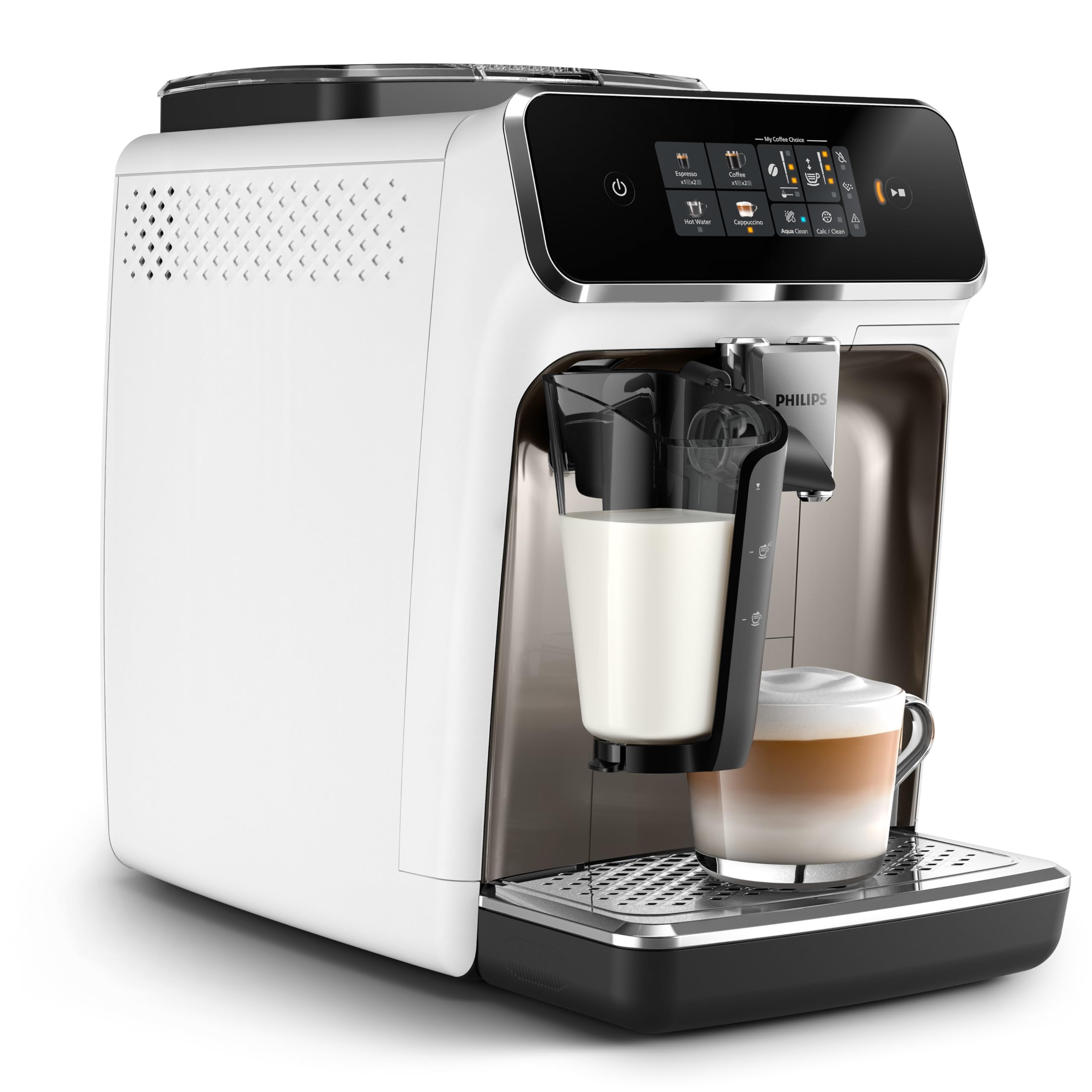 PHILIPS Macchina da caffè espresso automatica Serie 2300-4 bevande, Display touch screen a colori, Sistema LatteGo, SilentBrew, Macinacaffè in ceramica, Filtro AquaClean. Bianco cromo (EP2333/40)
