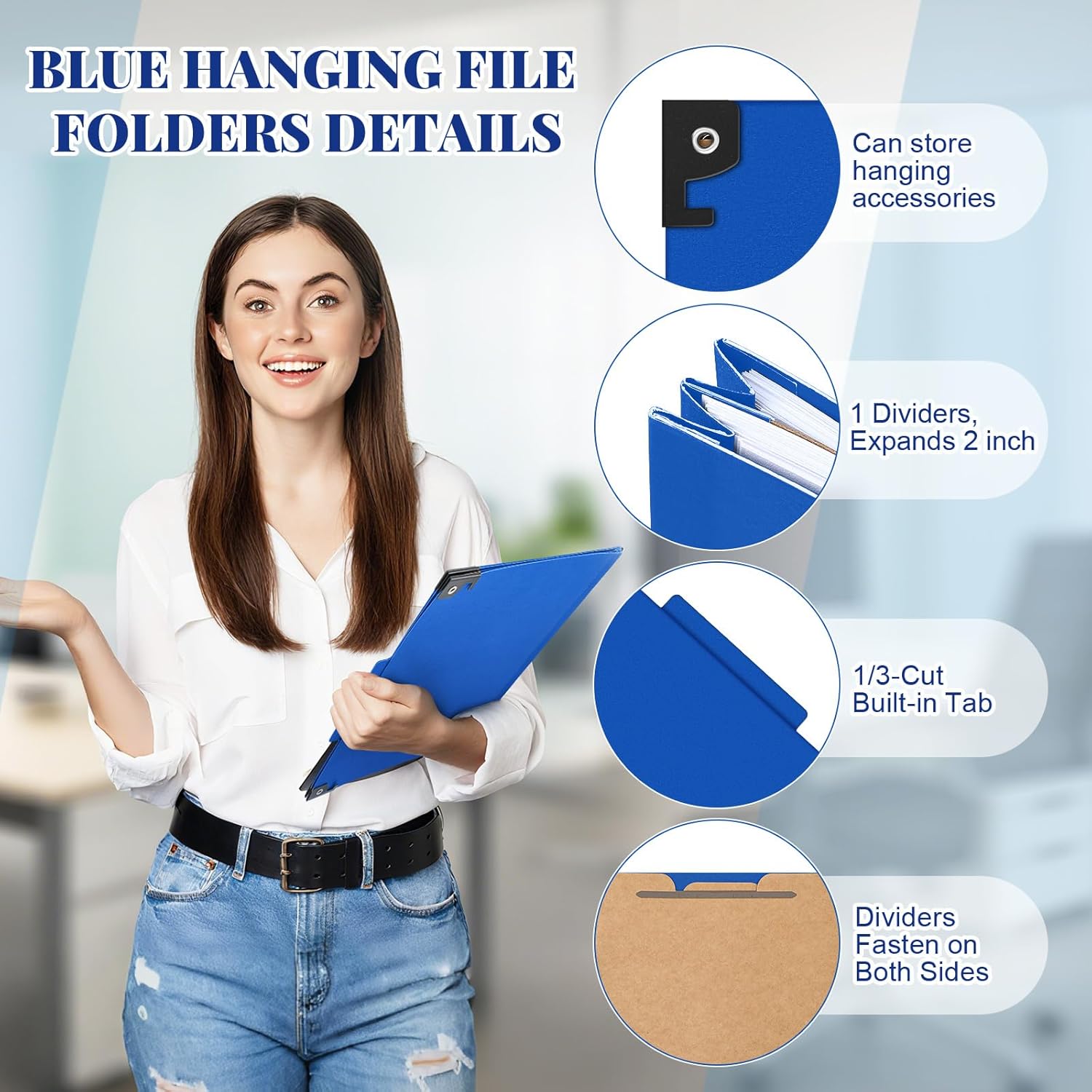 Henoyso 10 Pcs Hanging Classification Folders Bulk with 2 Prongs, 1 Divider Letter Size, 2 Inch Expansions Pressboard File Folder, 1/3-cut Tab File Organizer for Medical Law Client Files (Dark Blue)