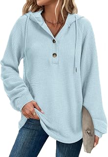 Womens Oversized Waffle Knit Hoodies Sweatshirt | Casual Drawstring Button V-Neck Pullover for Daily Wear and Travel