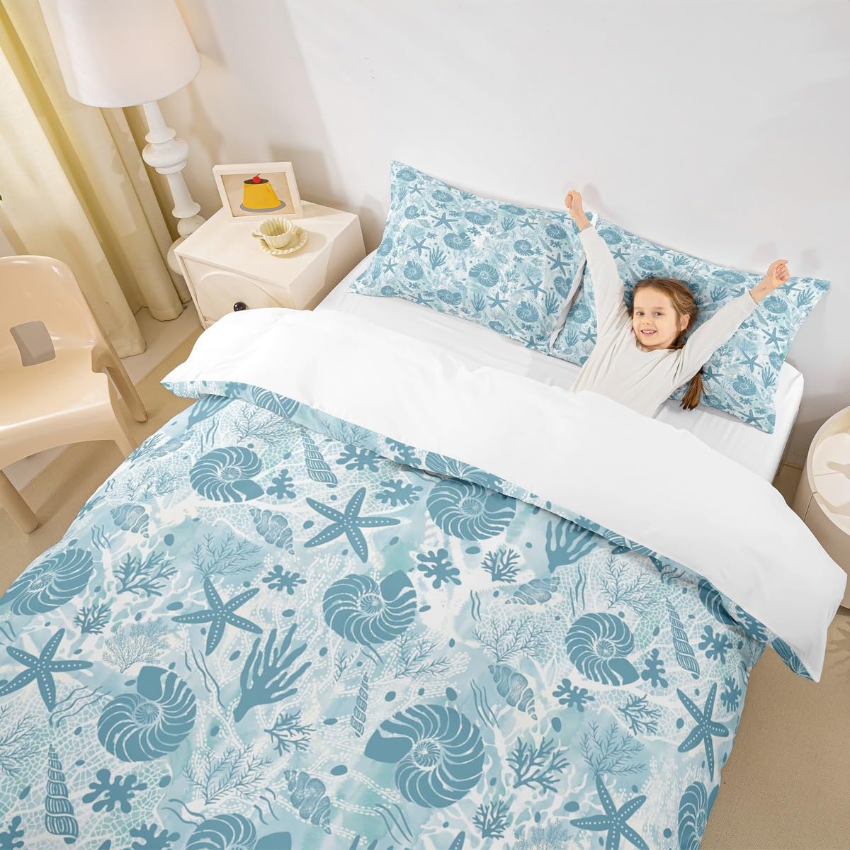 Seashell Conch Starfish Coral Duvet Cover Set Queen Size,Coastal Ocean Beach Bedding Set 3Pcs,Underwater Life Print Comforter Cover Navy Blue Tie Dye Quilt Cover for Kids Teens Adult Bedroom Decor