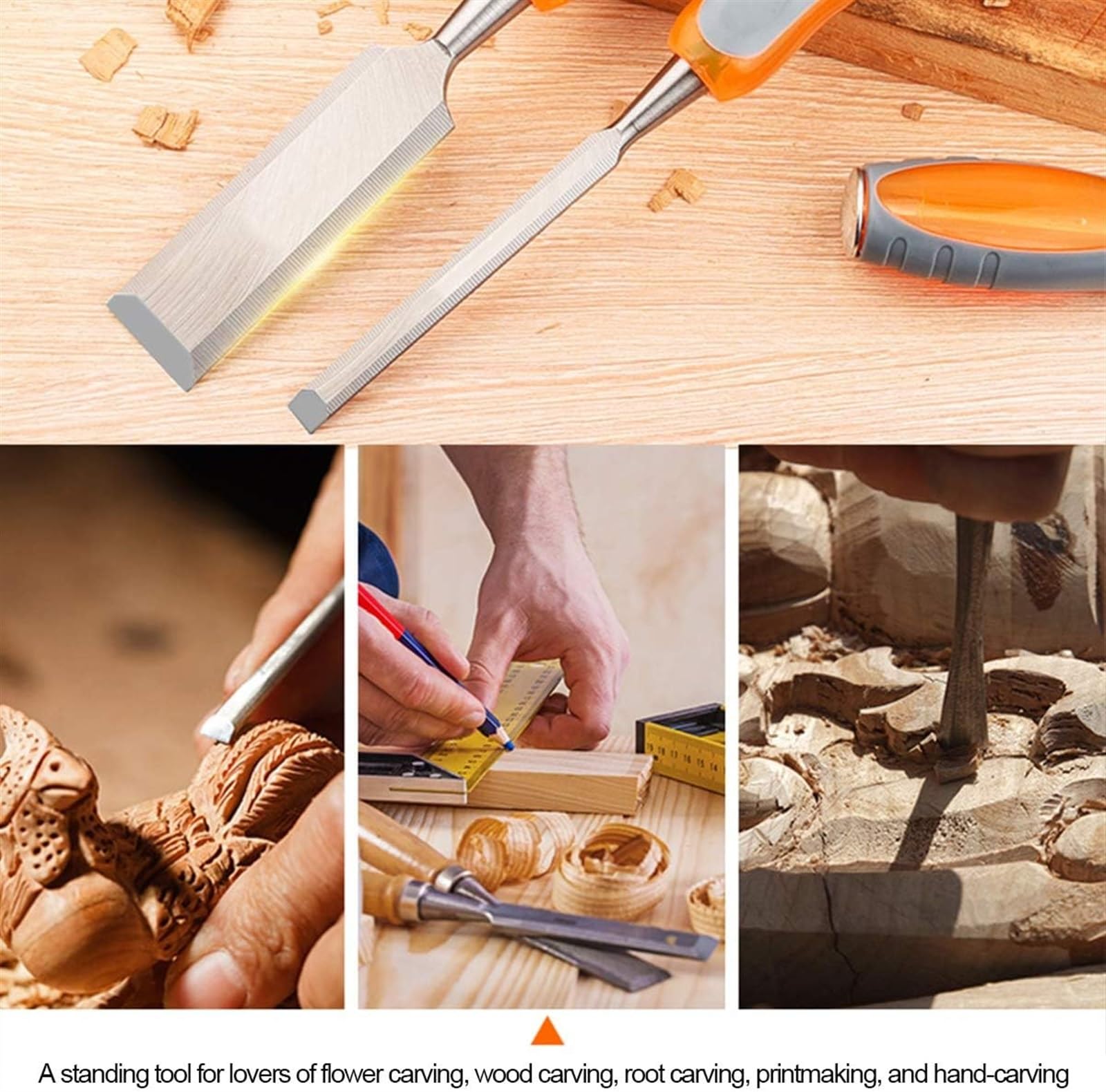 Cincel, Construcción Del Juego de Cinceles para Madera,Arre Suave con Martillo, Tapa con Extremo de Acero para Carpintería, Tallado, Ancho Del Cabezal Del Cortador: 8 Mm, 12 Mm, 18 Mm, 24 Mm,