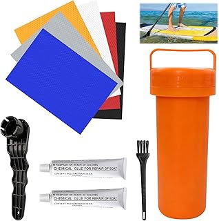 Schlauchboot Reparaturset, SUP Reparatur Set mit PVC Patches, SUP Reparatur Kleber, Ventilschlüssel, Bürste, Aufbewahrungskübel, Flickzeug Schlauchboot für Aufblasbare Artikel