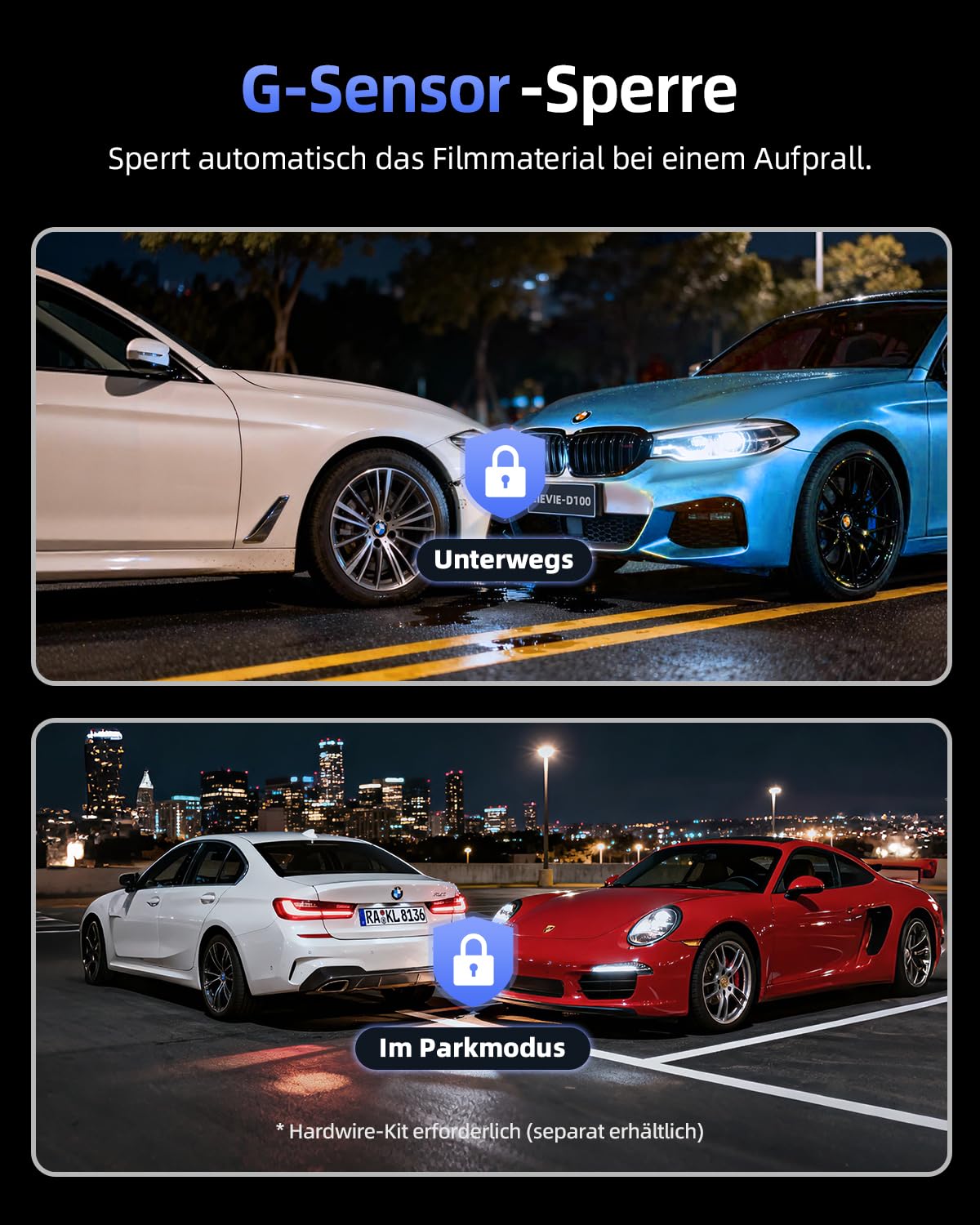Dashcam Auto Vorne Hinten 4K+1080P 5.8GHz WLAN 170° Weitwinkel 64GB SD Karte G-Sensor 24h Parküberwachung Nachtsicht 1,5" Display