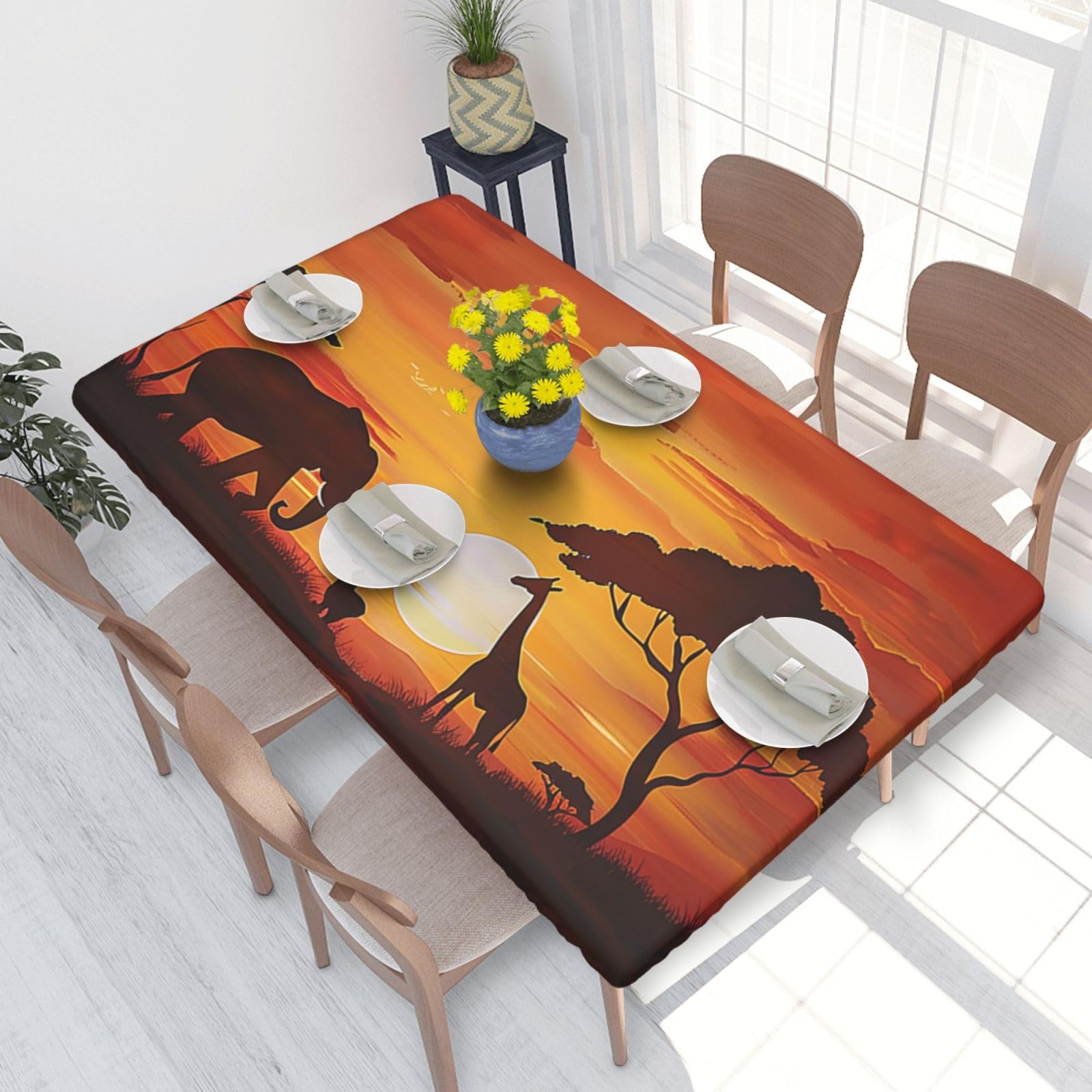 WPKJU Elephant and Giraffe in The Sunset Printed Tablecloths 4ft Rectangular Table Covers Washable Polyester Decorative Table Cloth for Dining Table Picnic Wedding