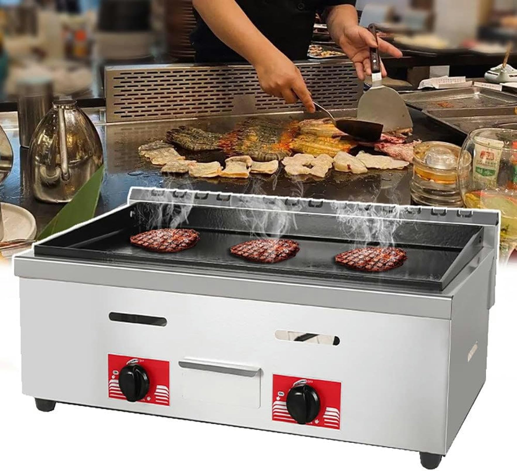 Desktop Gas Griddle, Commercial Stainless Steel Countertop Cooking Flat Hotplate BBQ Grill, 8mm Cooking Surface,Rapid/Uniform Heating, for BBQ Cooking Steak, Eggs, Pancakes