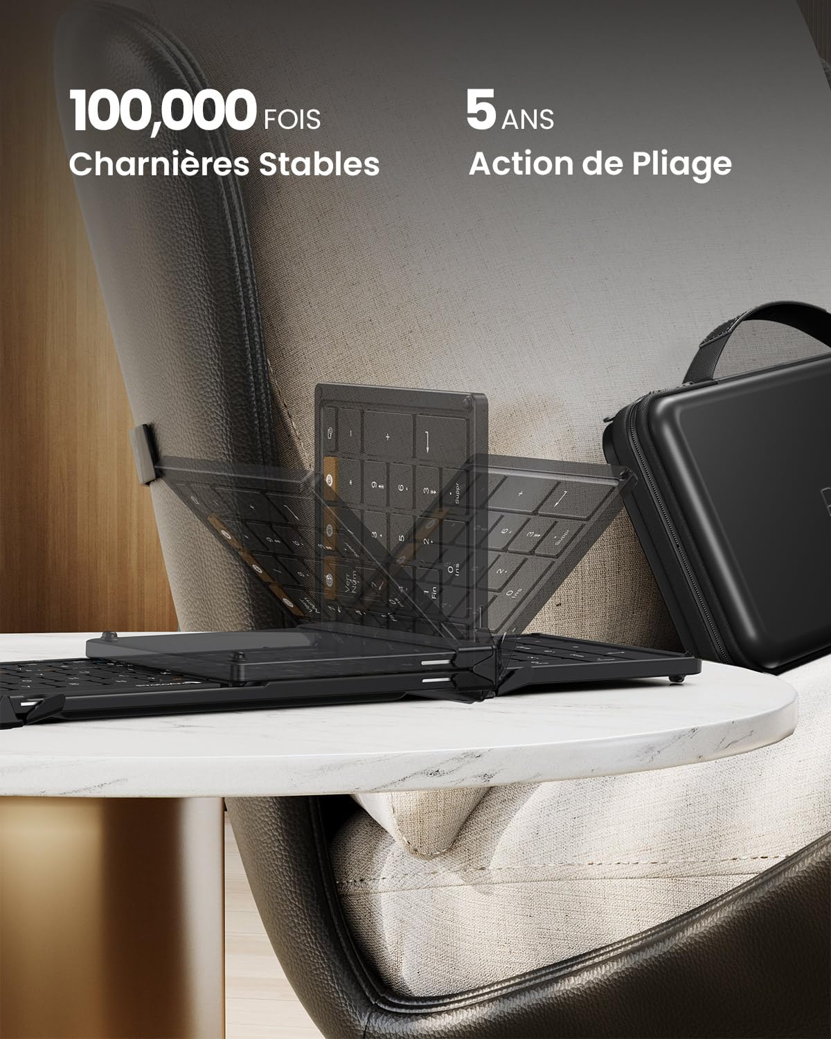 ProtoArc XKM01 Clavier Souris sans Fil Pliable, 2.4G+Dual Bluetooth | AZERTY, 105 Touches avec Pavé Numérique, Rechargeable, Etui Rigide et Support Inclus, pour iPad/Téléphone/Tablette