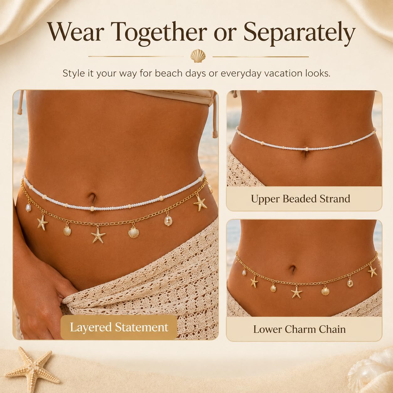 14K Gold Plated Waist Chain for Women, Layered Pearl Shell Belly Chain, Beach Waist Beads Body Jewelry, Adjustable Bikini Summer Jewelry Accessories for Women