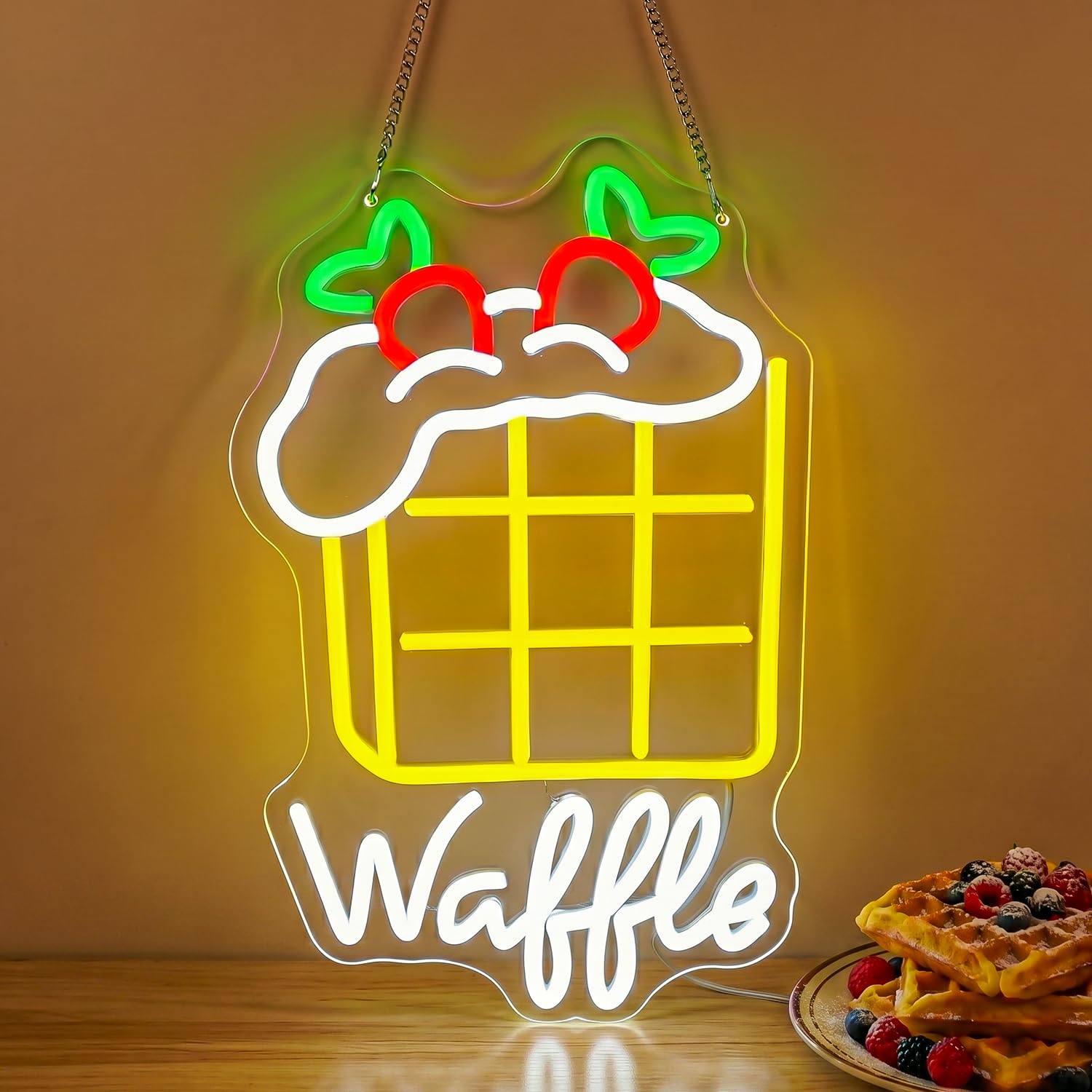 Astuddy Waffle Neon Sign, Dessert Neon Light for Bakery Shop, Strawberry Waffle LED Sign for Wall Decor, USB Powered Food Neon Sign for Cafe Bar Kitchen Coffee Shop Ice Cream Dessert House โ image 1