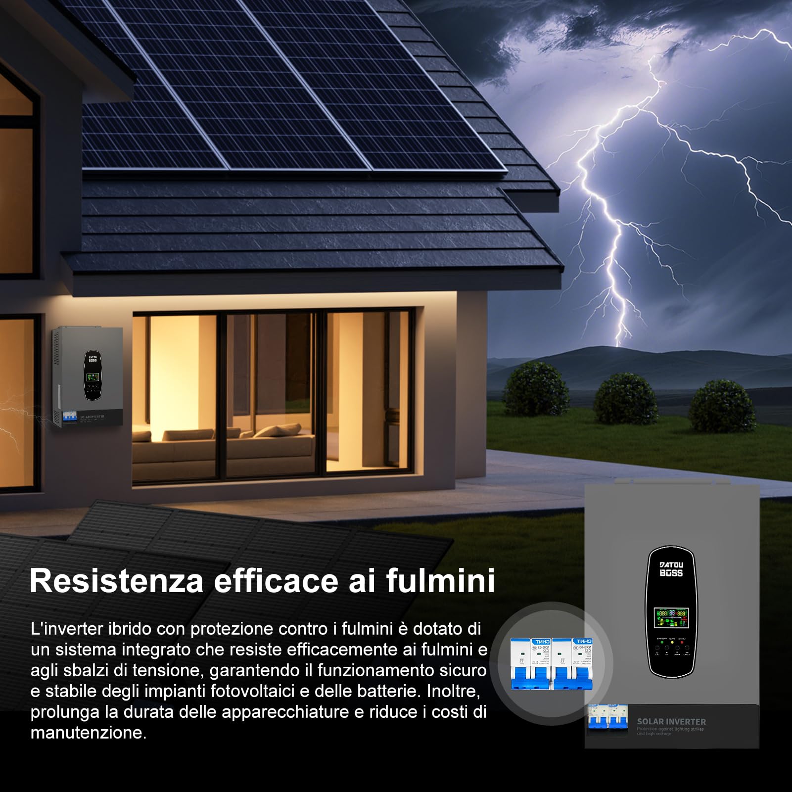 DATOUBOSS 6200W Inverter Ibrido Solare 48V, Onda Pura, Array FV fino a 8500W, Potenza Inverter FV 6500W, Protezione da Fulmini, Avvio Senza Batteria, MPPT Integrato 120A, per Sistemi Off-Grid