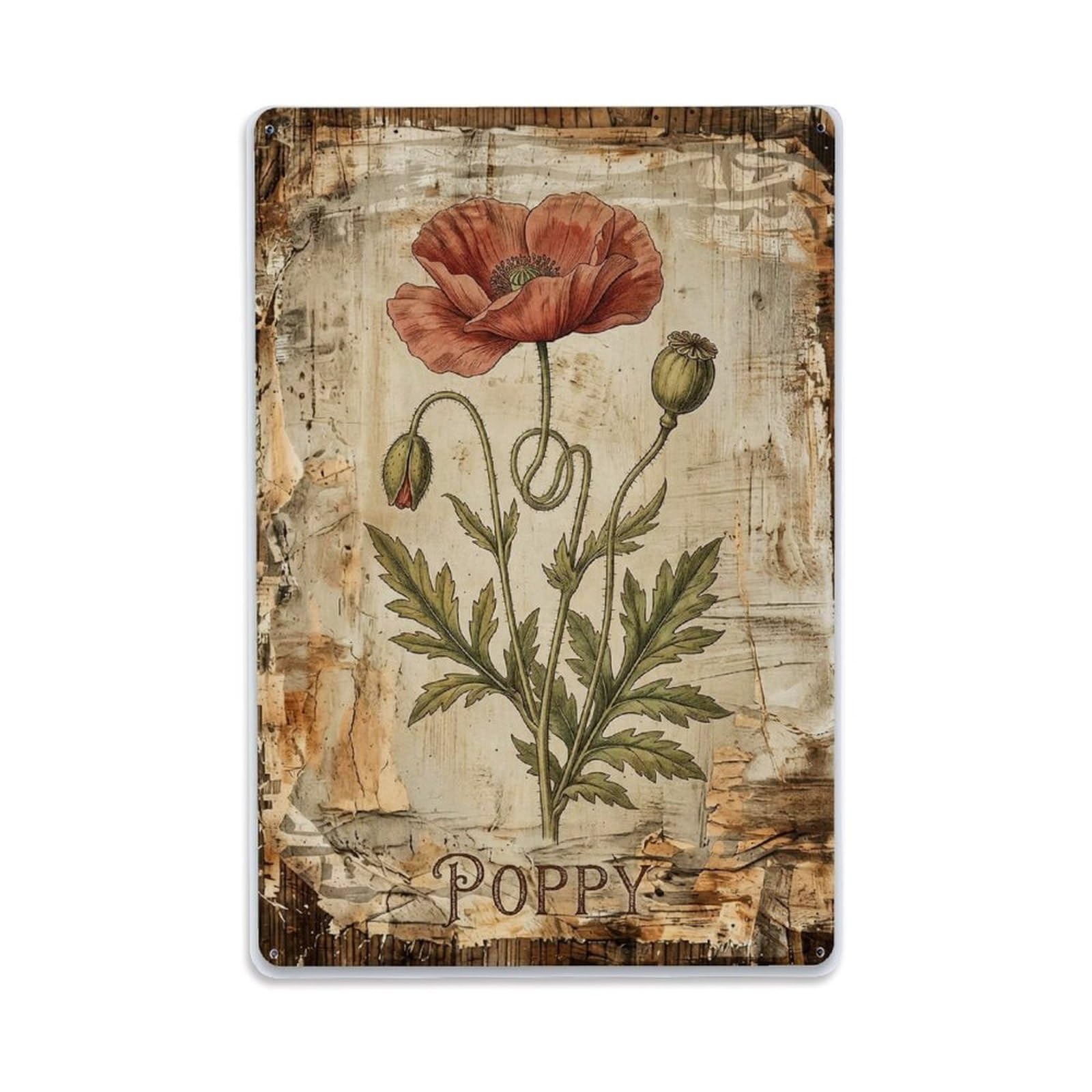 Poppy Botanical Vintage Metal Tin Sign Plaque Wall Decor for Cafe, Club, Garden Metal Poster 8x12Inch