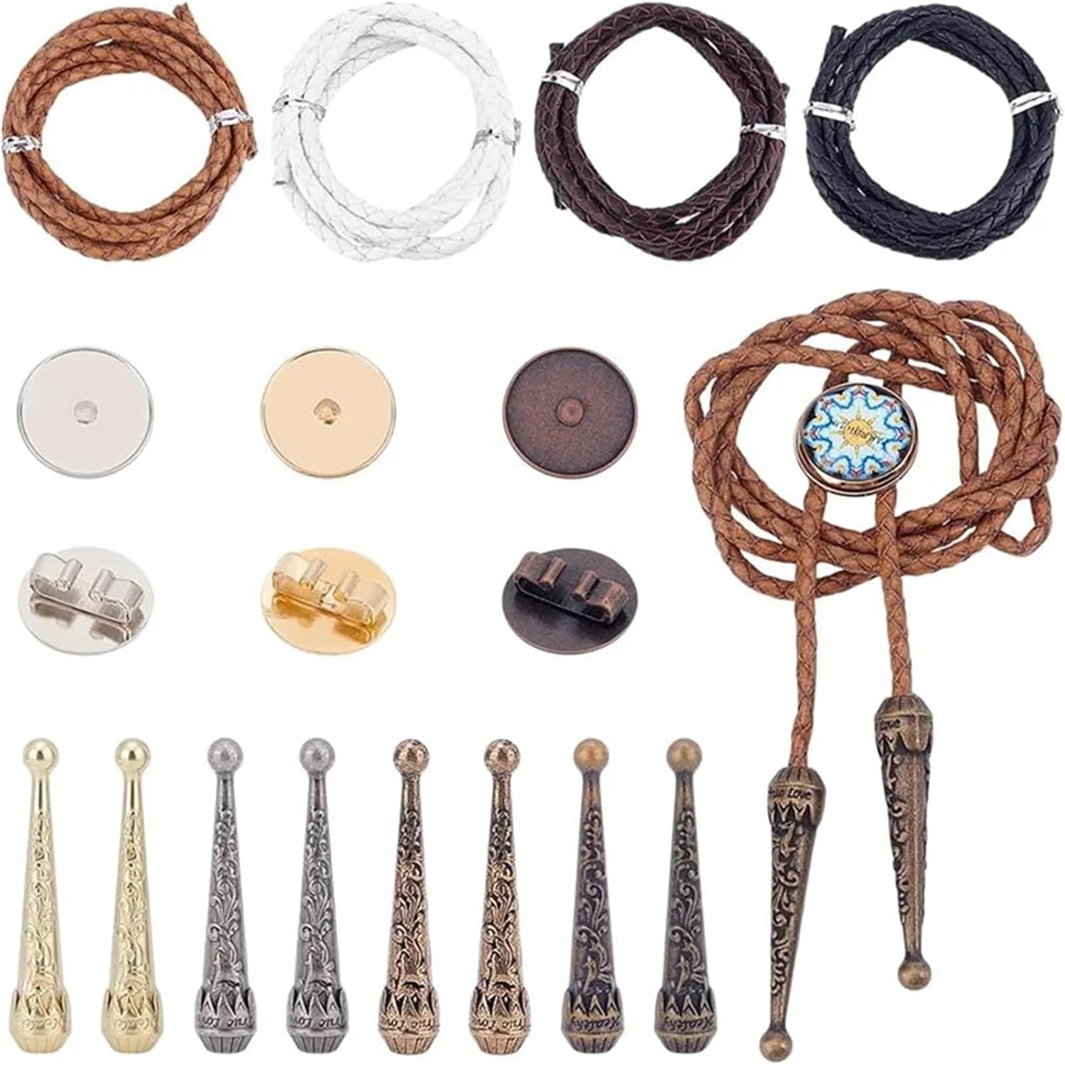 Bolo Tie Making Kit 2 Set DIY Bolo Tie Assembly Kit – Includes 4 Sets of End Caps and Flat Round Buckles for Custom Ties