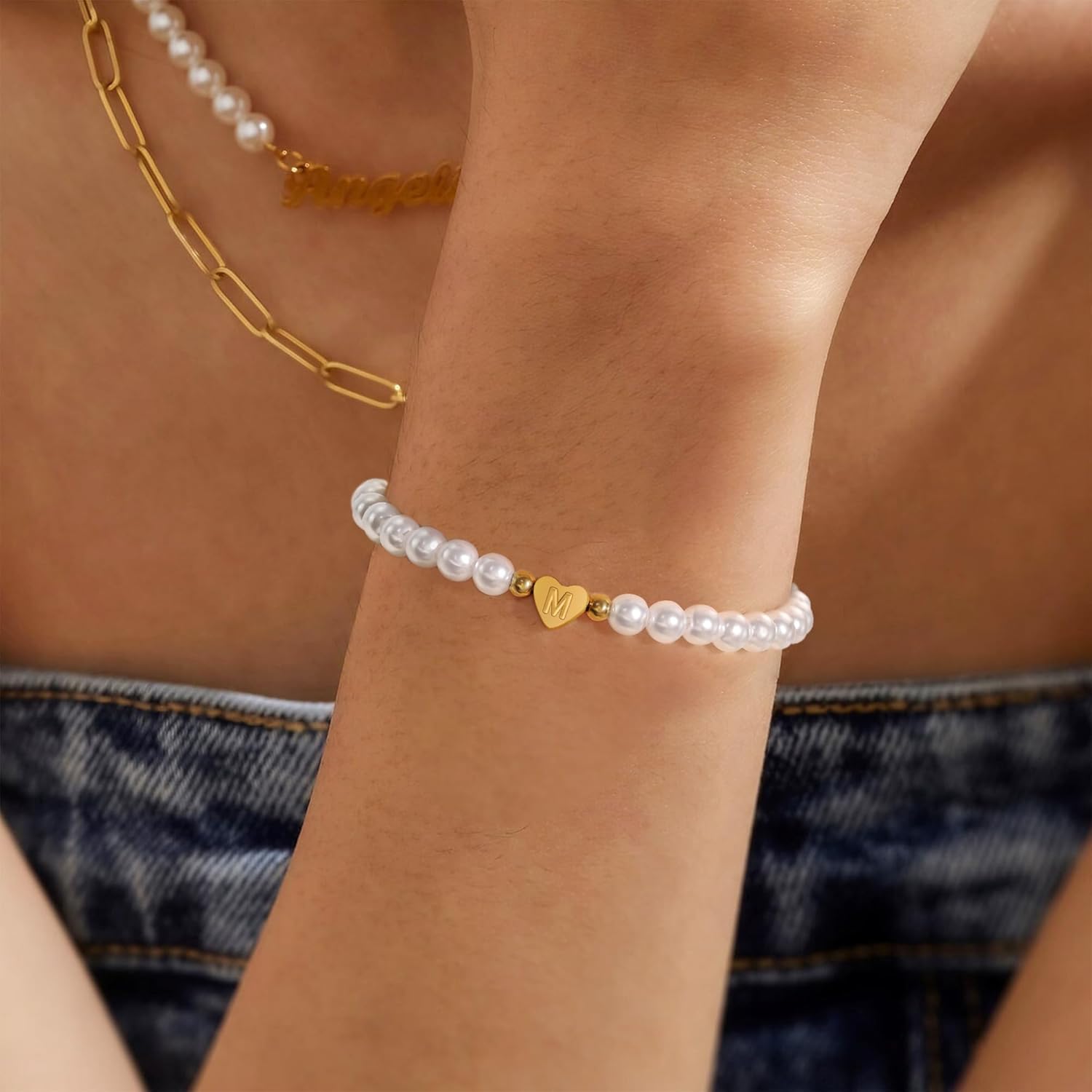 BAYLAY Pearl Initial Bracelet for Women - 18K Gold Plated Heart Letter A-Z Initial Bracelet for Teen Girls Pearl Bracelets for Women Dainty Gold Bracelet Flower Girl Gifts Bridesmaid Proposal Gifts - Image 4