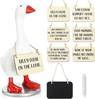 Magnetic Goose Key Holder Cute Statue Resin Goose Statue with Wooden Base Writable Sign Chalk for New Apartment Housewarming Gift Office Table Desk Home Decor (Motivation Quotes,9 Pcs)