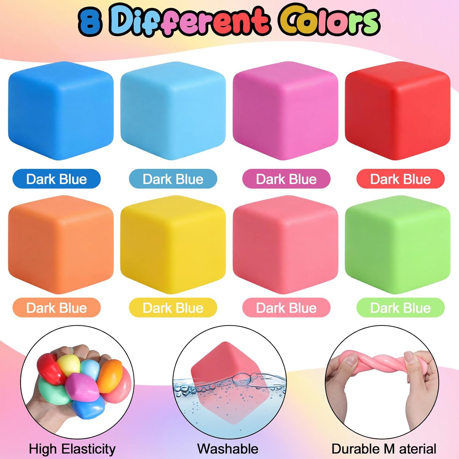 64 Pack Stress Cube Dough Stress Balls Soft Square Pull Stretch Cubes Ice Cube Sensory Balls for Anxiety Relief, Classroom Prize Party Favors Goodie Bag Stuffers