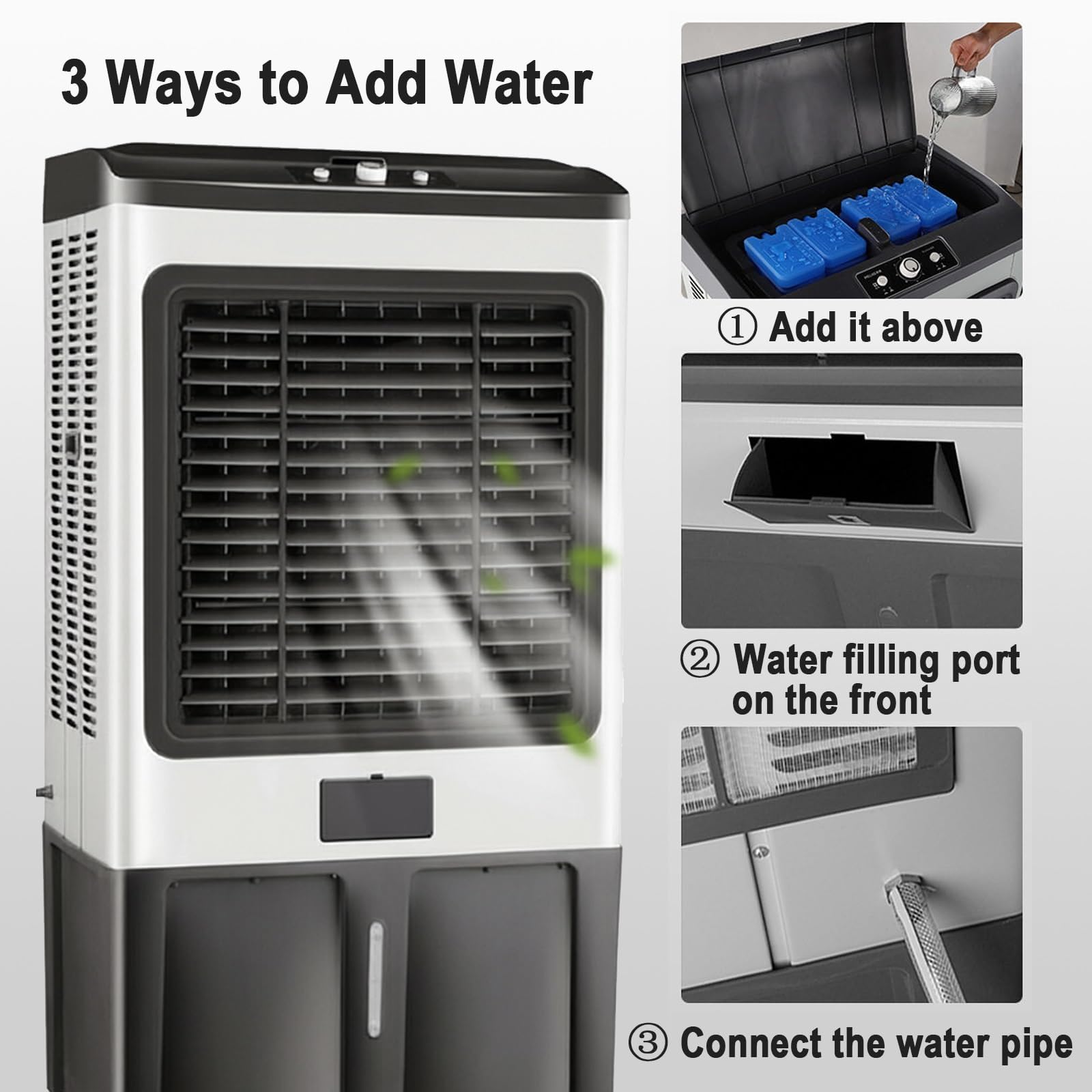 Climatizador evaporativo industrial portátil depósito 110L, 3 velocidades, doble regulación de aire, ruedas 360° con frenos, medidas 130×62×42cm para talleres, almacenes y puestos de mercado
