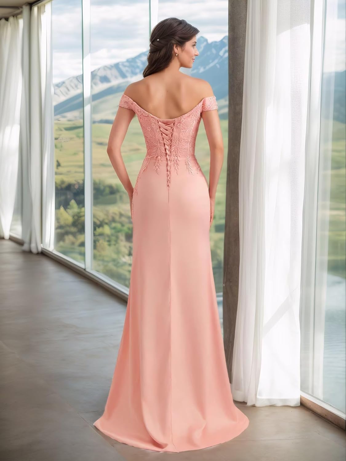 Off The Shoulder Mermaid Prom Dresses for Women Lace Applique Bridesmaid Dresses Formal Evening Party Gowns Slit