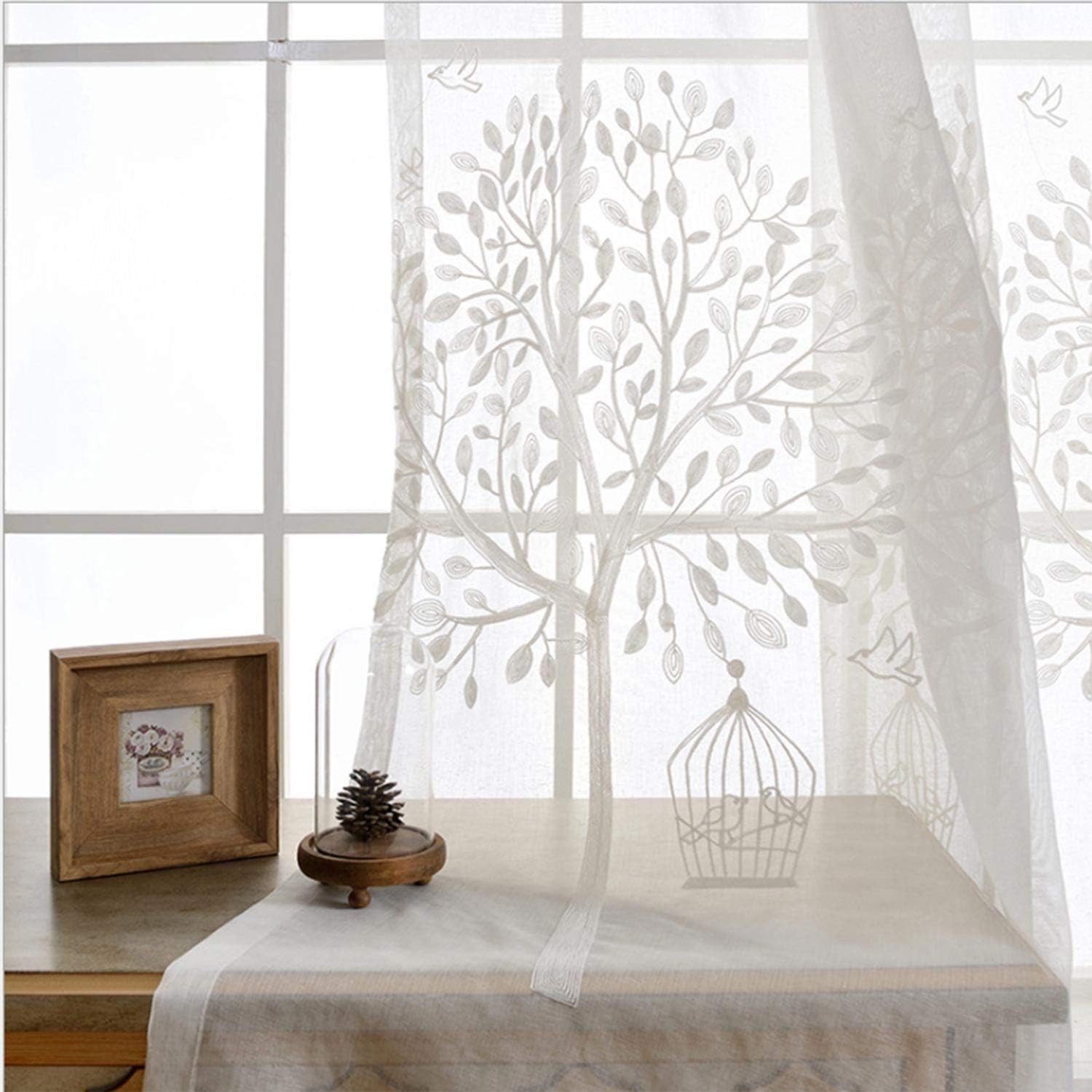 VOGOL Sheer White Curtains 84 Inches Long, Tree Embroidered Lightweight Voile Drapes for Farmhouse, 2 Panels Country Style Rod Pocket Window Treatment for Office, 52 x 84