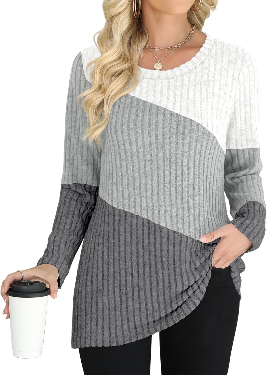 AYIFU Womens Lightweight Sweaters Long Sleeve Knit Color Block Sweater Crewneck Tops for Casual Fall Winter Tunic - Image 2