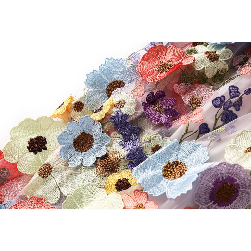 Damen-Midi-Tüllrock mit 3D-Blumenstickerei, Vintage-Stil, elastisch, hohe Taille, Stickerei, Sonnenblumen-Mesh, A-Linien-Rock