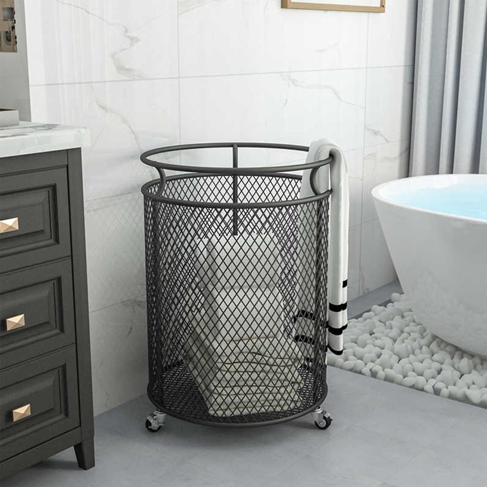 SFSLBFB Metal Laundry Basket with Wheels, Round Laundry Hamper Sorter Cart, Ring Handle, Mesh Design, Clothes Organizer for Bathroom