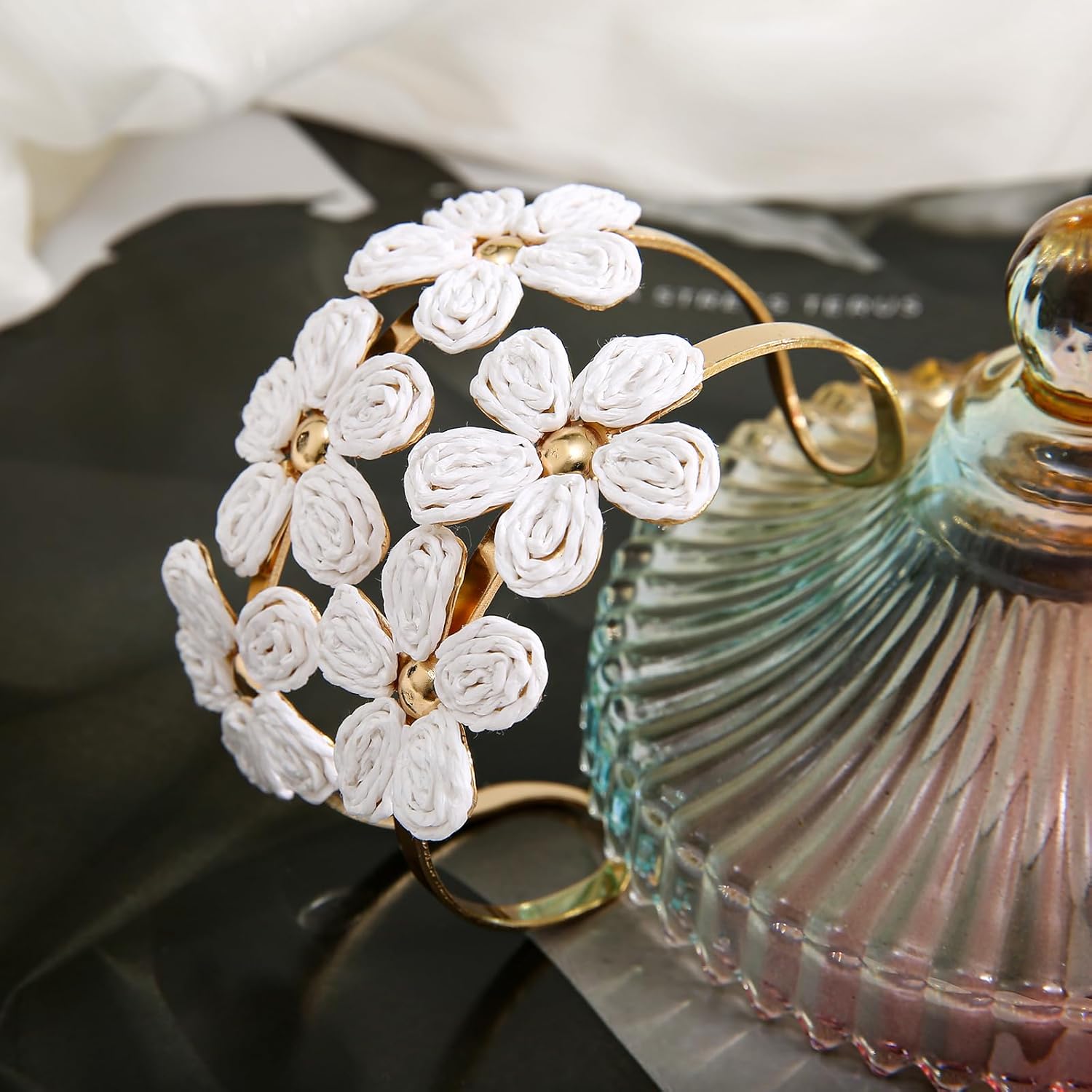 Handmade Raffia Flower Cuff Bracelet for Women - Colorful Adjustable Wide Open Bangle, Statement Tropical Floral Jewelry for Beach - Image 5