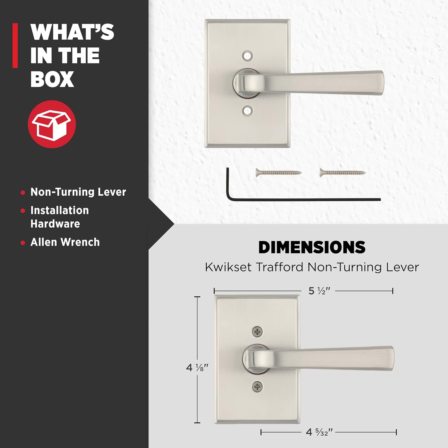 Kwikset Trafford Rectangle Dummy Door Handle, Single Sided Lever for Closets, French Double Doors, and Pantry, Satin Nickel, Non-Turning Reversible Interior Push/Pull Lever