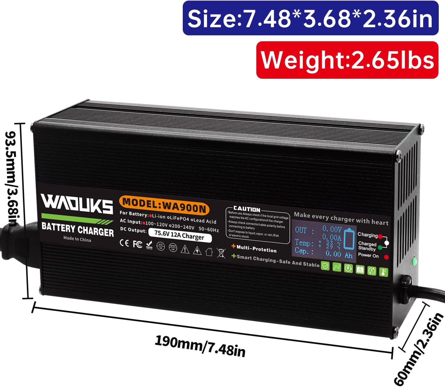 75.6V 12A Li-ion Battery Charger Aluminum Case Used for 18S 66.6V Lithium Battery Smart Charger with Output XT60 Male Connector - Image 2