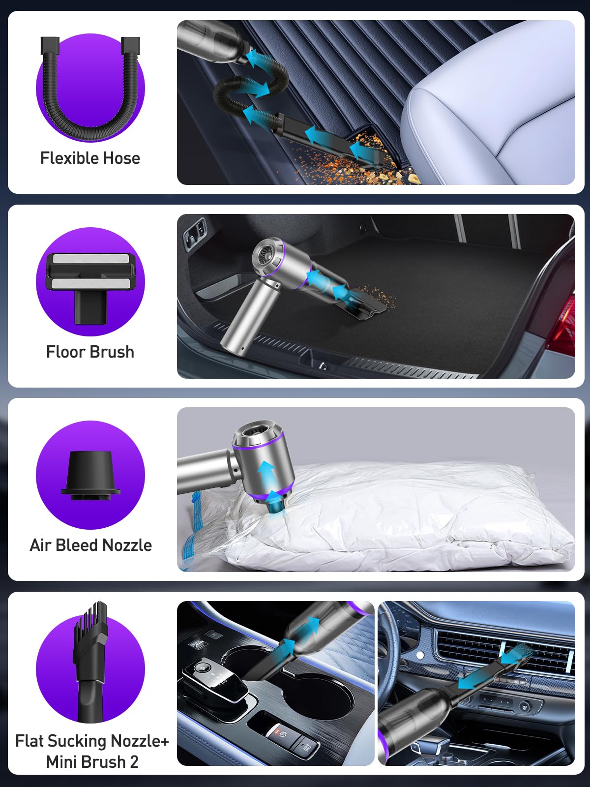 IYOFINE Vacuum/Air Duster 80,000RPM Super Power Mini Car Vacuum Cleaner 4-in-1 air Blower Gun Air Duster & Air Blower & Pump Hand Electric air Duster Handheld dust Blower Blower Cordless (Purple)