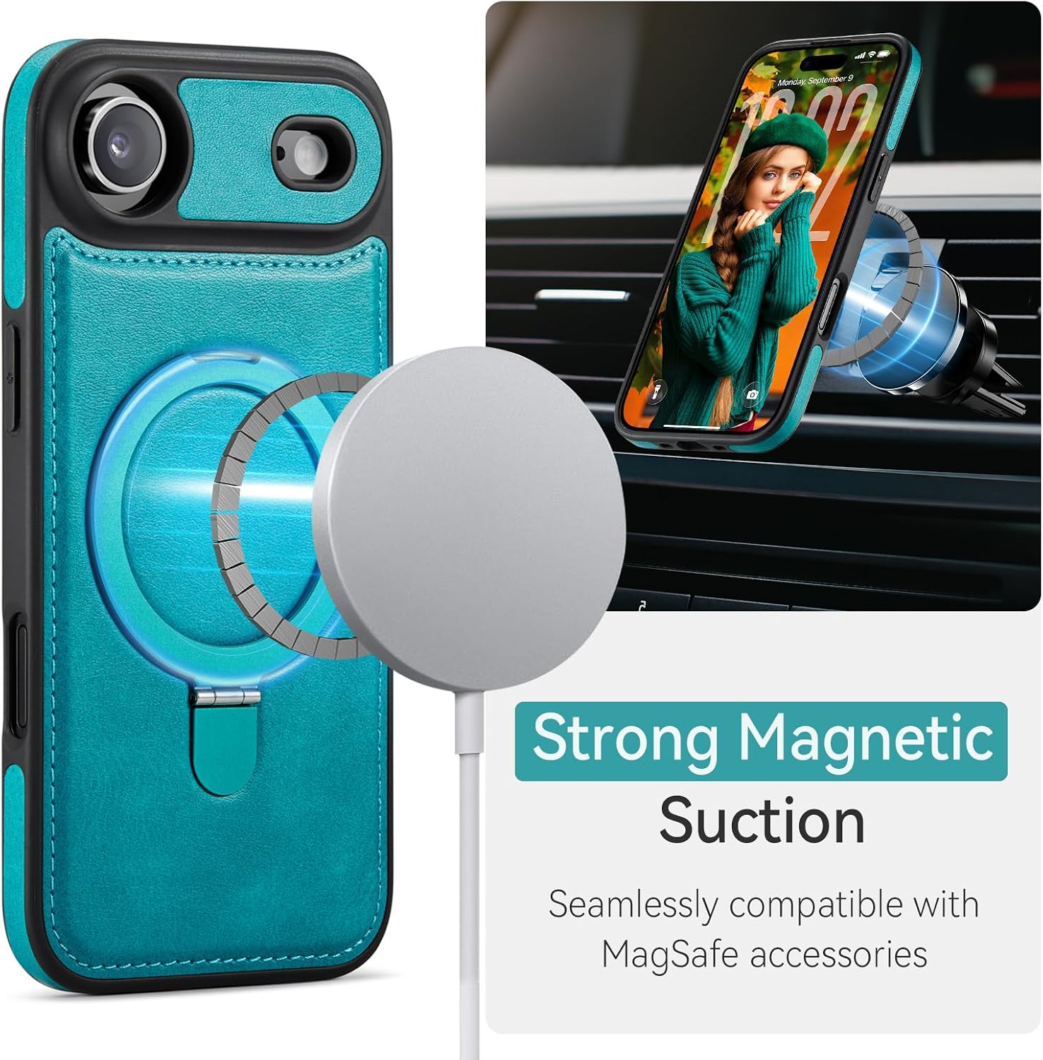 for iPhone 17 Air Case with Stand, Compatible with MagSafe, Slim PU Leather & TPU Protective Magnetic Kickstand Phone Cases with Tempered Glass Screen Protector for iPhone Air 6.5", Turquoise