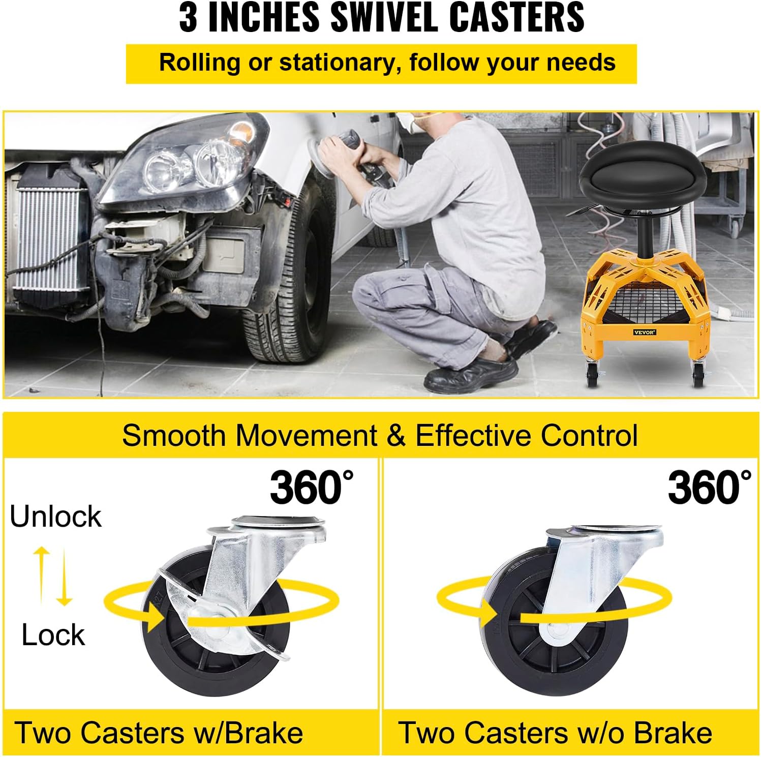 VEVOR Rolling Garage Stool, 300LBS Capacity, Adjustable Height from 24 in to 28.7 in, Mechanic Seat with 360-degree Swivel Wheels and Tool Tray, for Workshop, Auto Repair Shop, Yellow