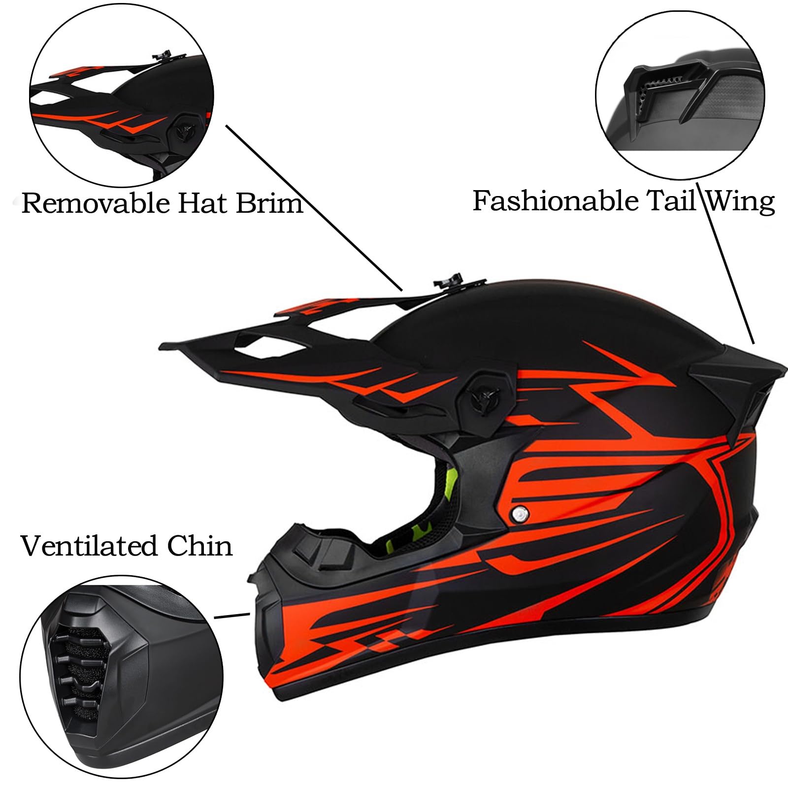 Kinder Motorradhelm Downhill Set - Leichter Vollvisierhelm mit stylischem Heckflügel-Design, Belüftung + Brille+Handschuhe für Jungen/Mädchen (MTB/BMX/Enduro)(As red,S(52~53cm))