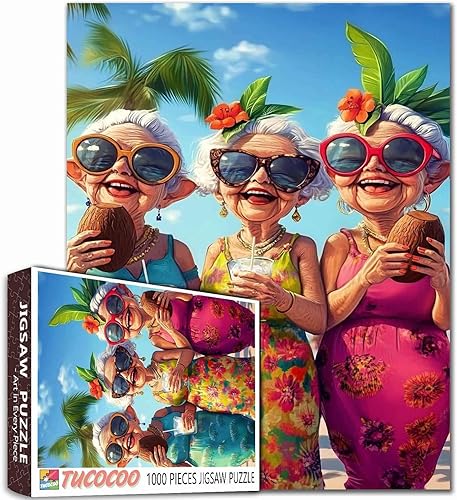 Miniatura 16 de Rompecabezas de mujer vieja de 1000 piezas para adultos, familias (niña, dama, pizza, naipe, vino tinto, amigas) piezas que encajan perfectamente