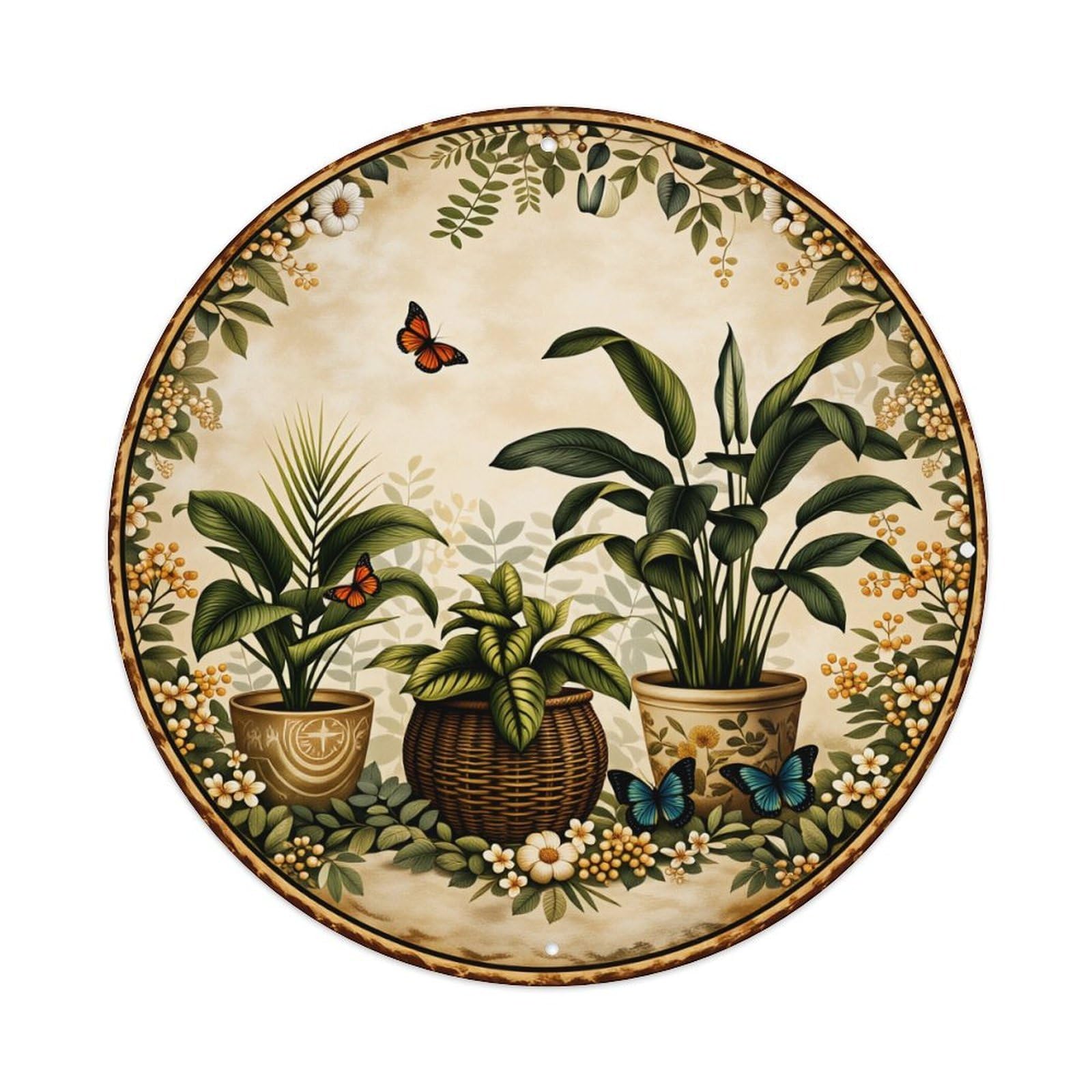 Floral Potted Plants Butterflies Border Round Tin Sign Vintage Style Metal Sign Home Bar Garden Wall Plaque Decor Metal Poster 8x8 Inch