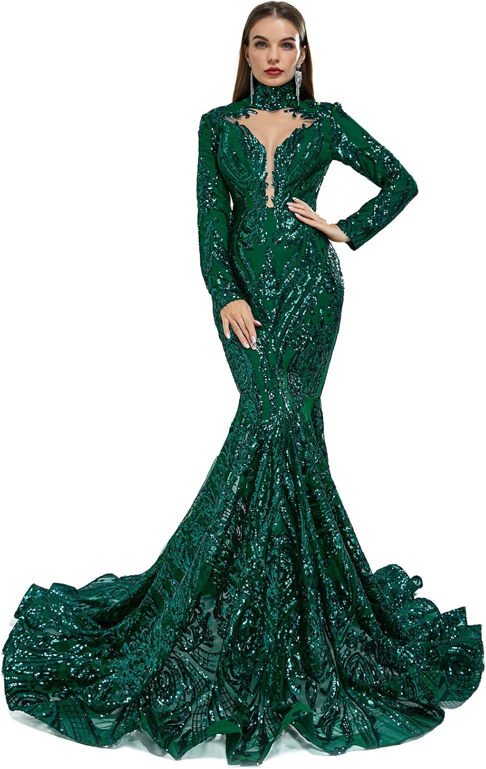 Sparkly High Neck Sequin Prom Dresses Long Sleeves Celebrity Pageant Gala Mermaid Evening Party Gown