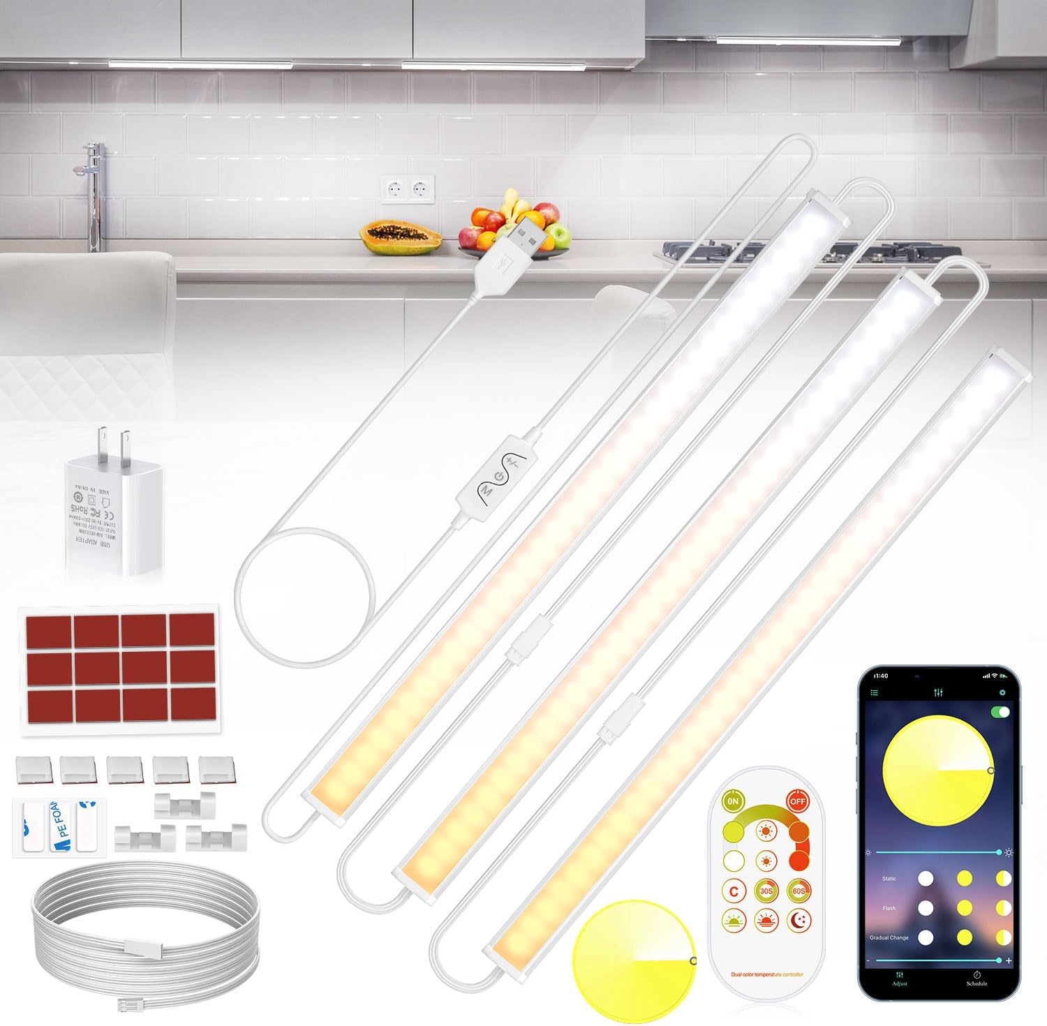 Kihoplly Under Lighting Plug in, 3Pack 12Inch Linkable Led Light Bar, Dimmable 3500K