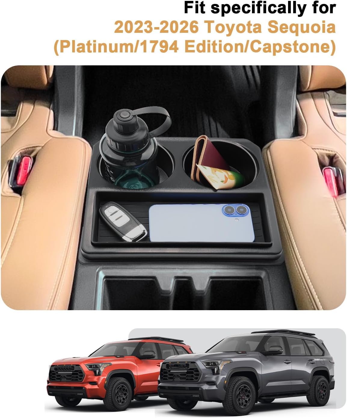 ECOZEN Second Row Organizer for 2023-2026 Toyota Sequoia(Platinum/1794 Edition/Capstone) - Back Seat Organizer with Two Extra Cup Holders for 2023-2026 Sequoia Interior Accessories - Premium ABS