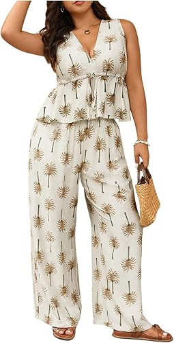 OYOANGLE Women's Plus Size 2 Piece Outfits Floral V Neck Tie Front Ruffle Tank T