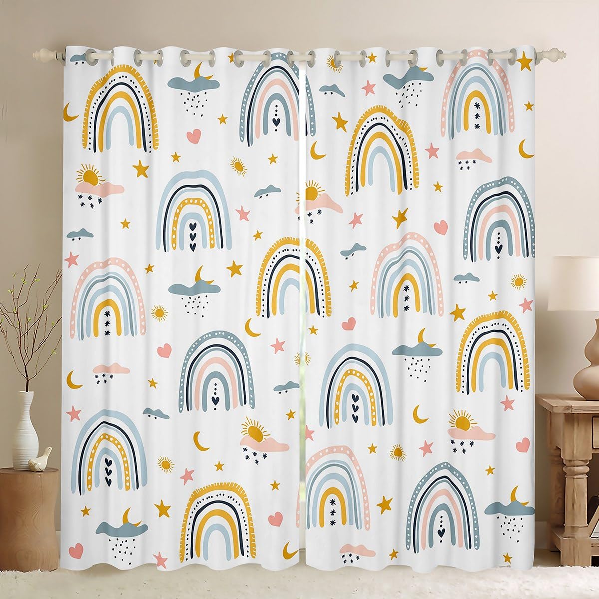 Bedluxy Lovely Kids Rainbows Blackout Curtains For Kids Moon Stars Cute Rainbow Blackout Curtains Kawaii Love Heart Rainbow Window Curtains Multicolor Window Treatments W66*L72