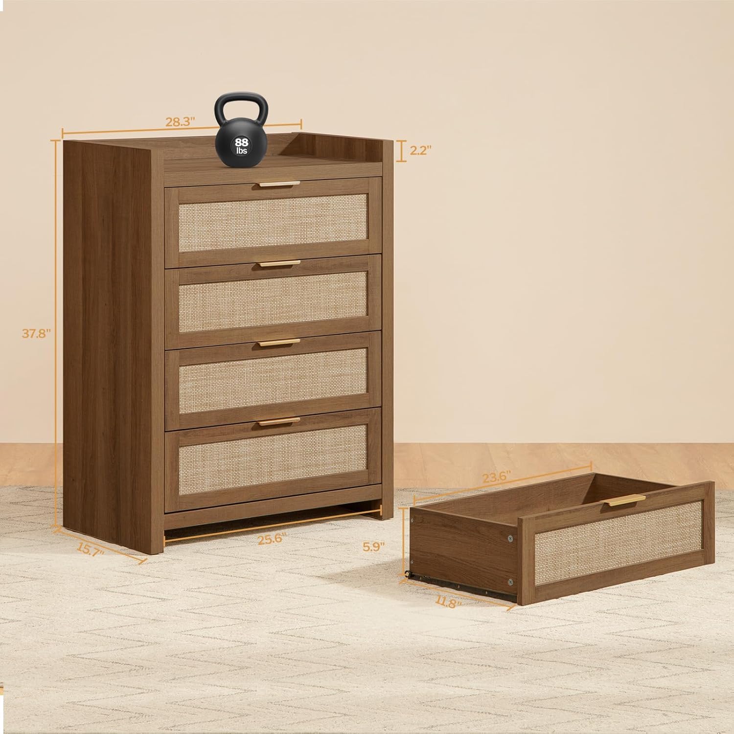 Diagram showing the dimensions of the SICOTAS DRE01 dresser: 15.7 inches deep, 28.3 inches wide, and 37.8 inches high.