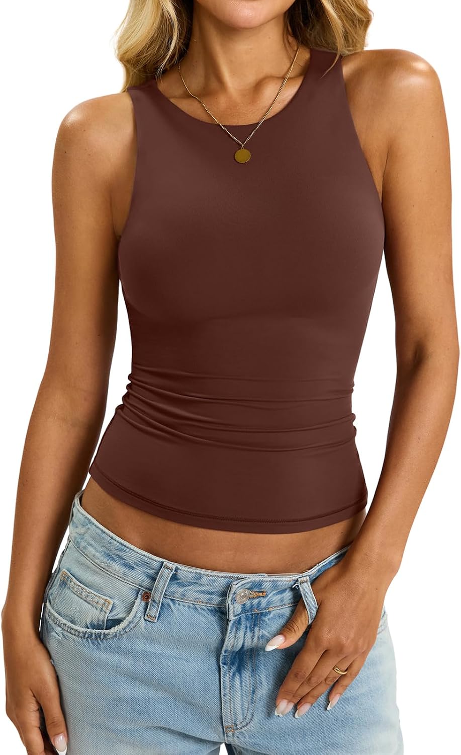 Womens Padded Tank Tops Built in Bra Double Lined High Neck Shirts Basic Slim Fitted Summer Going Out Top - Image 5