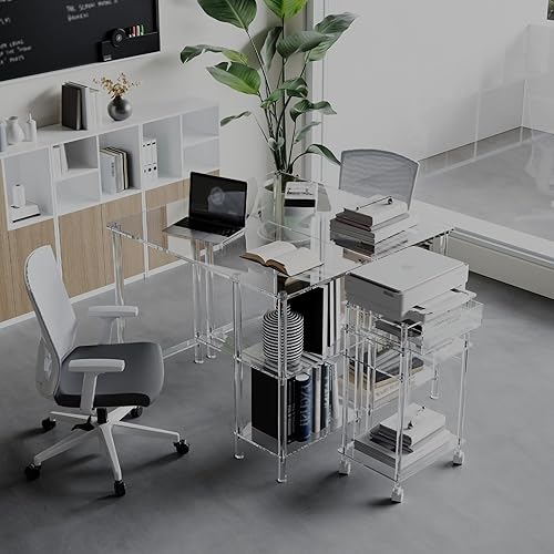 Miniatura 6 de HMYHUM Escritorio de acrílico para computadora de 40 pulgadas con estantes de almacenamiento reversibles, escritorio transparente de oficina en casa