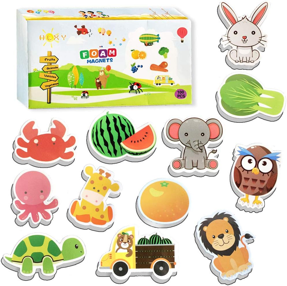 Fridge Magnets for Toddlers Kids Gift Set 100 pcs Animals Magnets -Fruit Vegetables Vehicle Magnets - Foam Magnets Educational Toy for Preschool Learning