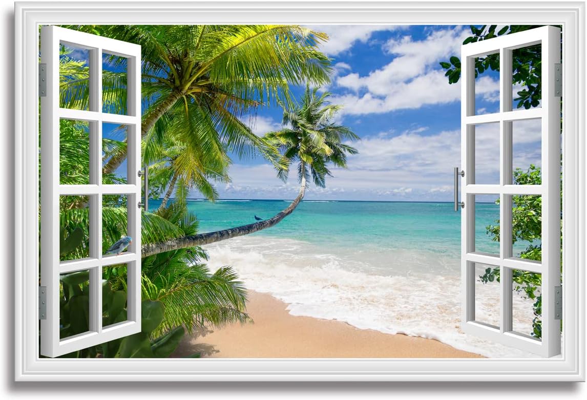 Window Beach Picture Canvas Wall Art Palm Tree Fake Open Window Scene Print with Framed Ocean Photo Decor for Home Teal Walls Size 36x24