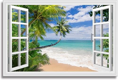 Woxfcart Cuadro de playa en lienzo para pared, ventana abierta, escena del océano, paisaje natural para decoración del hogar azul y verde azulado,