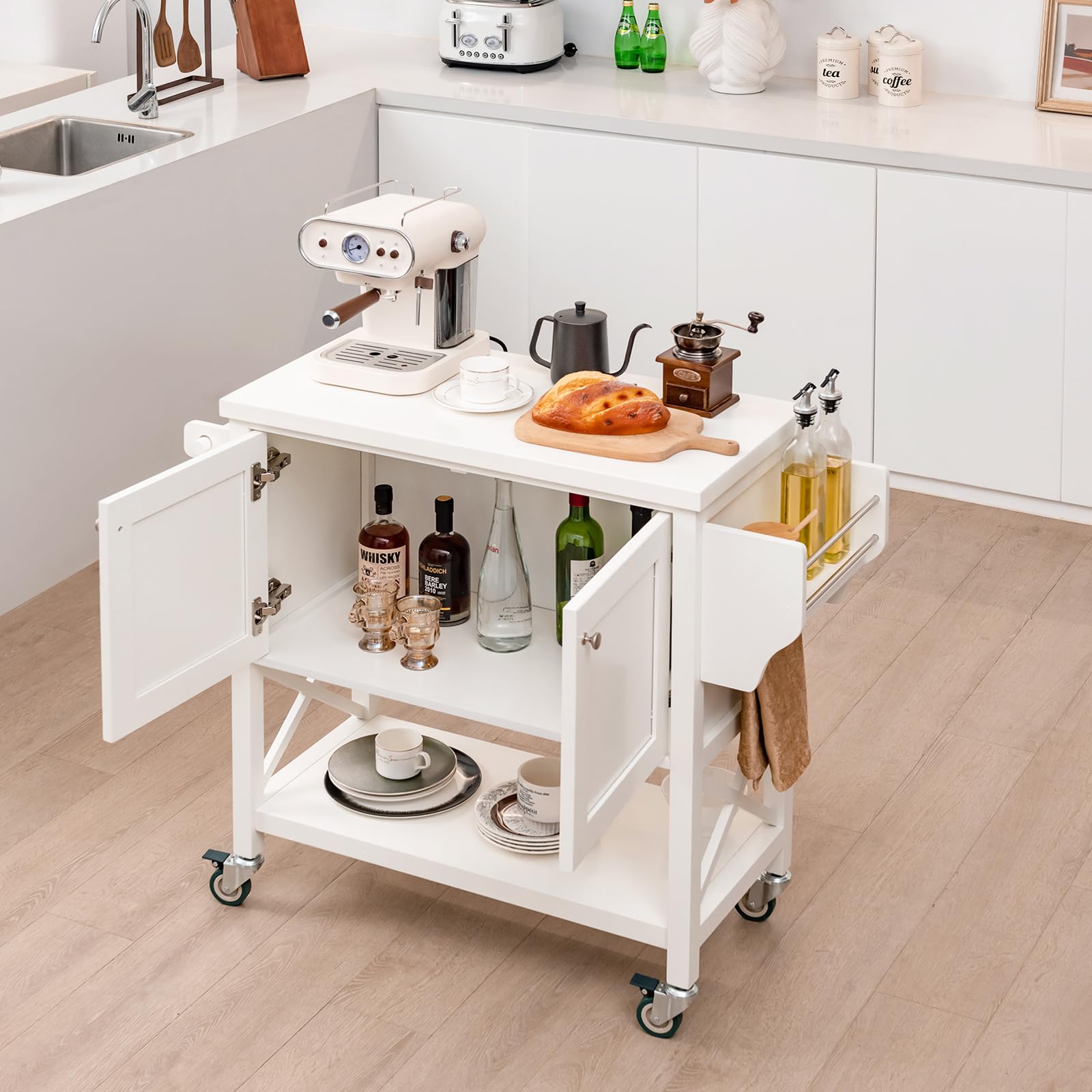 GYMAX Carrello da Cucina con Ruote, Isola da Cucina a 3 Ripiani con Armadietto a 2 Porte, Portaspezie e Portasciugamani, Credenza Portavivande in Legno per Cucina, Bar, 100 x 38 x 87 cm, Bianco