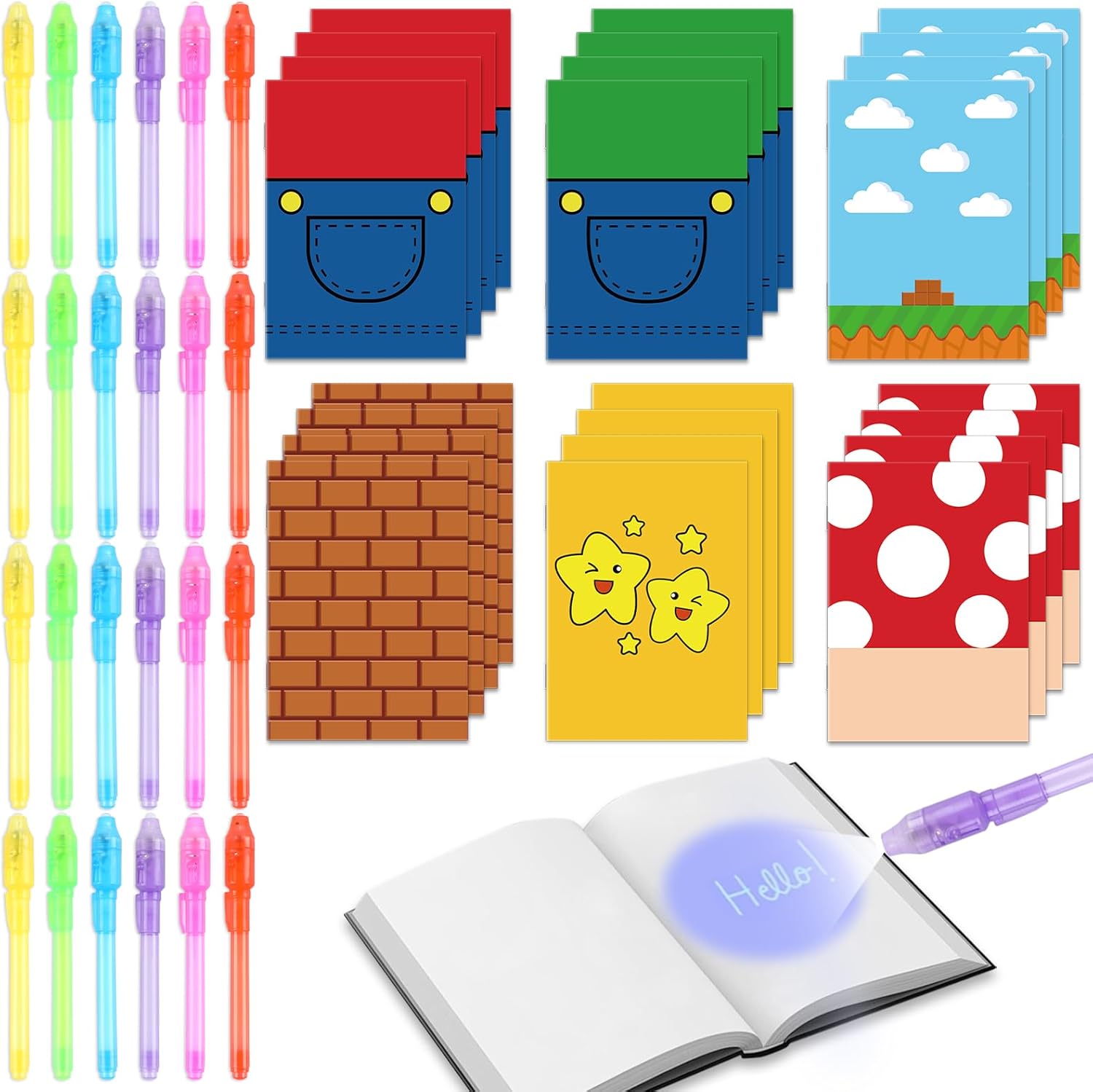 48Pcs Super Theme Party Favors Hero Theme Notepads with Invisible Ink Pen Hero Party Goodie Bags Stuffers Spy Pens Magic Marker with Light City Super Game Mini Notebook for Birthday Gifts