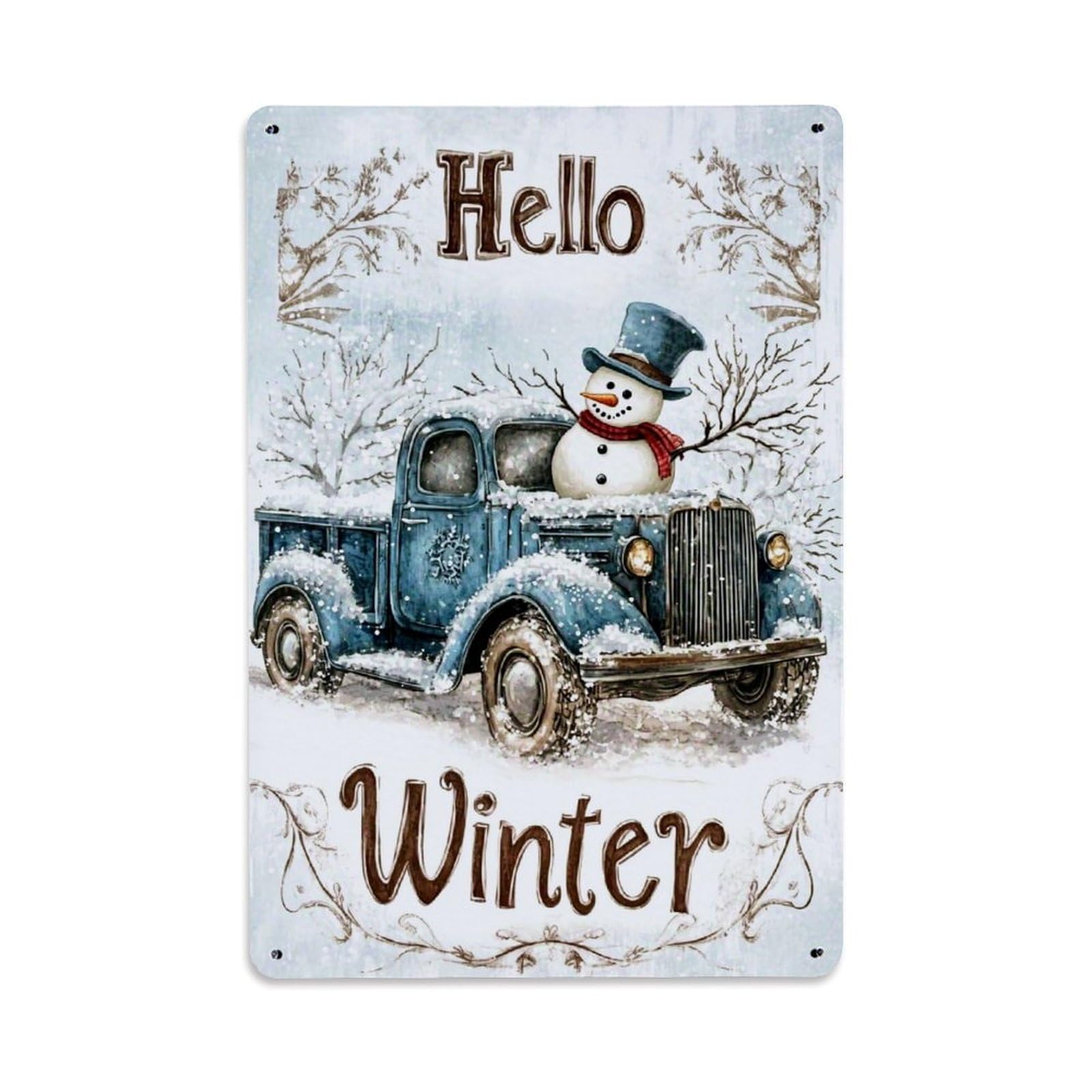 Jdfenggu Vintage Hello Winter Snowman Truck Scene Retro Metal Tin Sign, Decor Art Poster For Bar, Home, Man Cave, Kitchen, Laundry Room Gift 8X12inch